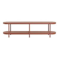 Modern brown rectangular TV stand with a smooth finish and sleek design, featuring two lower shelves.