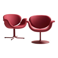 Set of two stylish chairs featuring vibrant ruby red upholstery and smooth, curved patterns. Ideal for modern interiors.