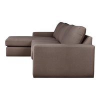 Brown sectional sofa with a smooth, solid fabric design, featuring clean lines and modern minimalist style.