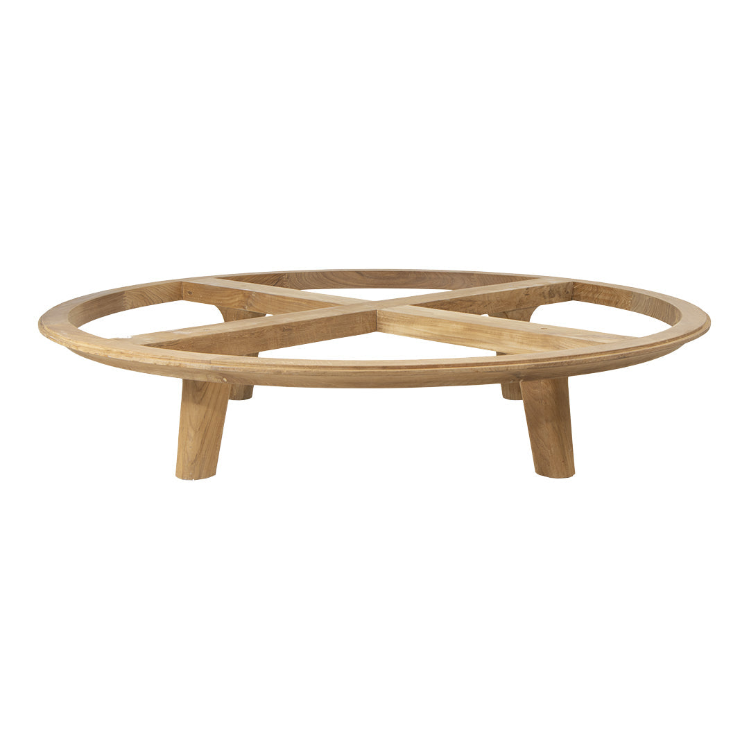 Round wooden coffee table with a natural light brown finish and a simple geometric design.