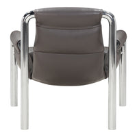 Dark brown leather chair with shiny chrome legs, featuring a sleek, minimalist design.