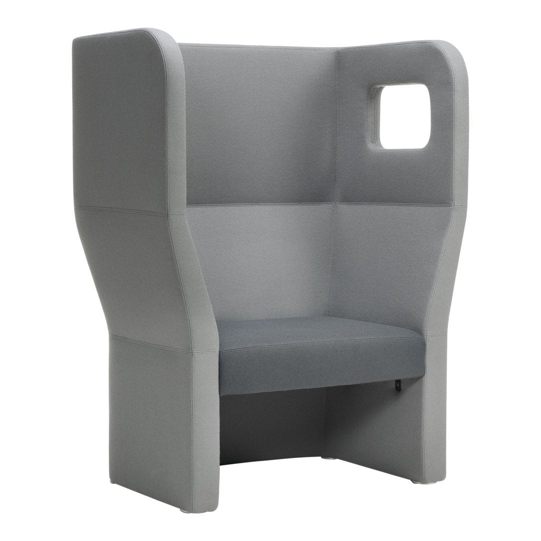 "Modern two-tone gray seating booth with a minimalist design and a cut-out window detail."