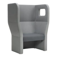 "Modern two-tone gray seating booth with a minimalist design and a cut-out window detail."