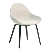 Light beige upholstered chair with a smooth, textured finish and black metal legs. Modern design for any space.