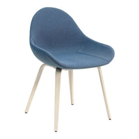 Blue textured chair with light wood legs, featuring a modern, sleek design perfect for any decor.