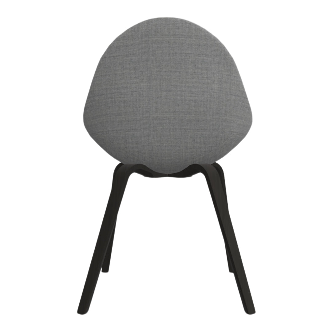 Gray fabric chair with a textured pattern and black wooden legs, showcasing modern design and contemporary style.