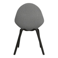 Gray fabric chair with a textured pattern and black wooden legs, showcasing modern design and contemporary style.