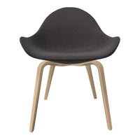 "Modern black upholstered chair with light wood legs, featuring a smooth, minimalist design."