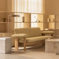 Sage green sofa with wooden accents, set in a warm beige-toned room with minimalist decor.