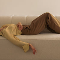 Stylish outfit featuring a soft yellow blouse and earth-toned brown trousers, set against a neutral backdrop.