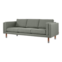 Gray fabric sofa with clean lines and wooden legs, featuring a solid, modern design for contemporary interiors.