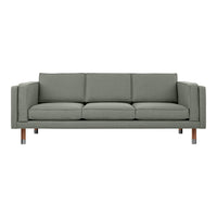 Modern gray sofa with clean lines, featuring a solid fabric pattern and wooden legs for a minimalist aesthetic.