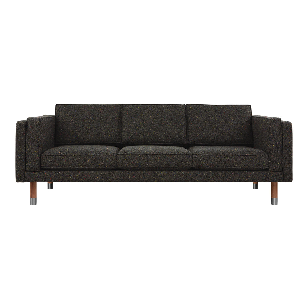 Dark gray sofa with a textured fabric and clean lines, featuring wooden legs for a modern touch.
