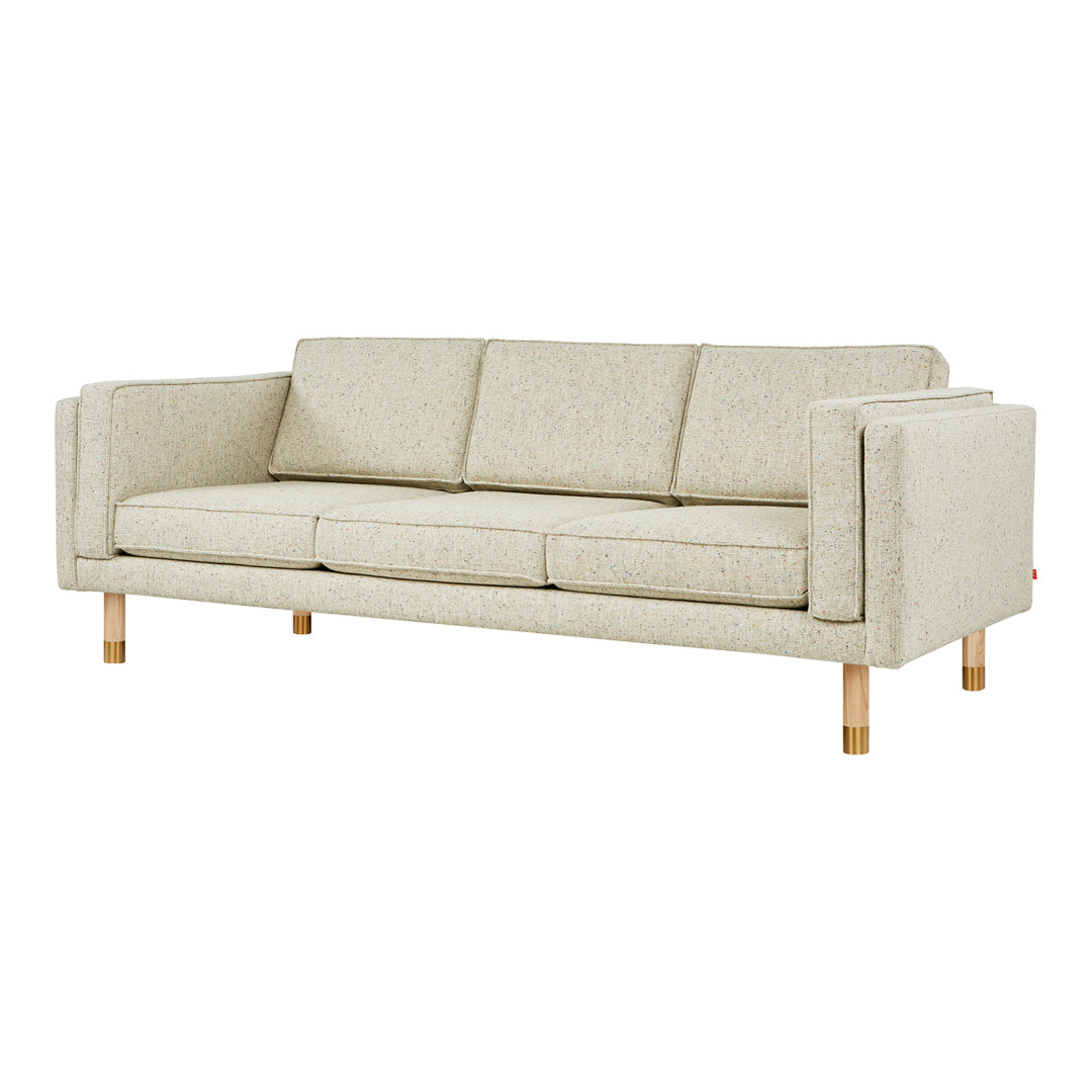 Light beige modern sofa with three cushions and wooden legs, featuring a textured fabric pattern.