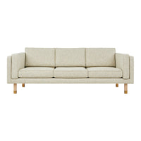 Light beige sofa with a textured fabric and natural wooden legs, featuring a minimalist design and clean lines.