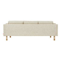 Beige fabric sofa with a minimalist design and subtle texture, featuring wooden legs and a sleek, modern silhouette.