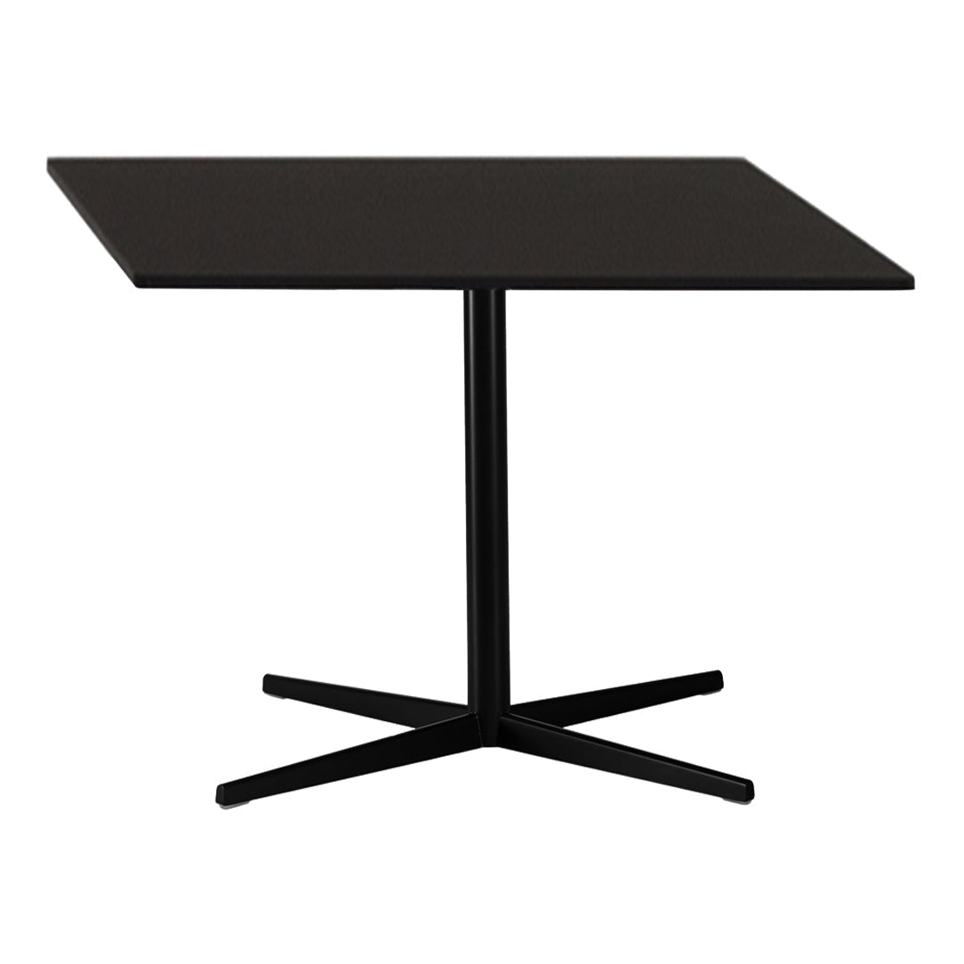 Black square dining table with a sleek modern design and cross base, perfect for contemporary interiors.