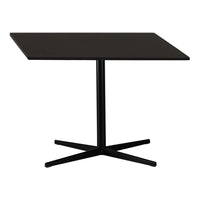 Black square dining table with a sleek modern design and cross base, perfect for contemporary interiors.