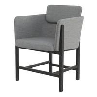Gray fabric armchair with a minimalist design and a sturdy black metal frame.