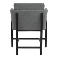 Gray upholstered chair with a sleek black frame, featuring a minimalist design without any patterns.