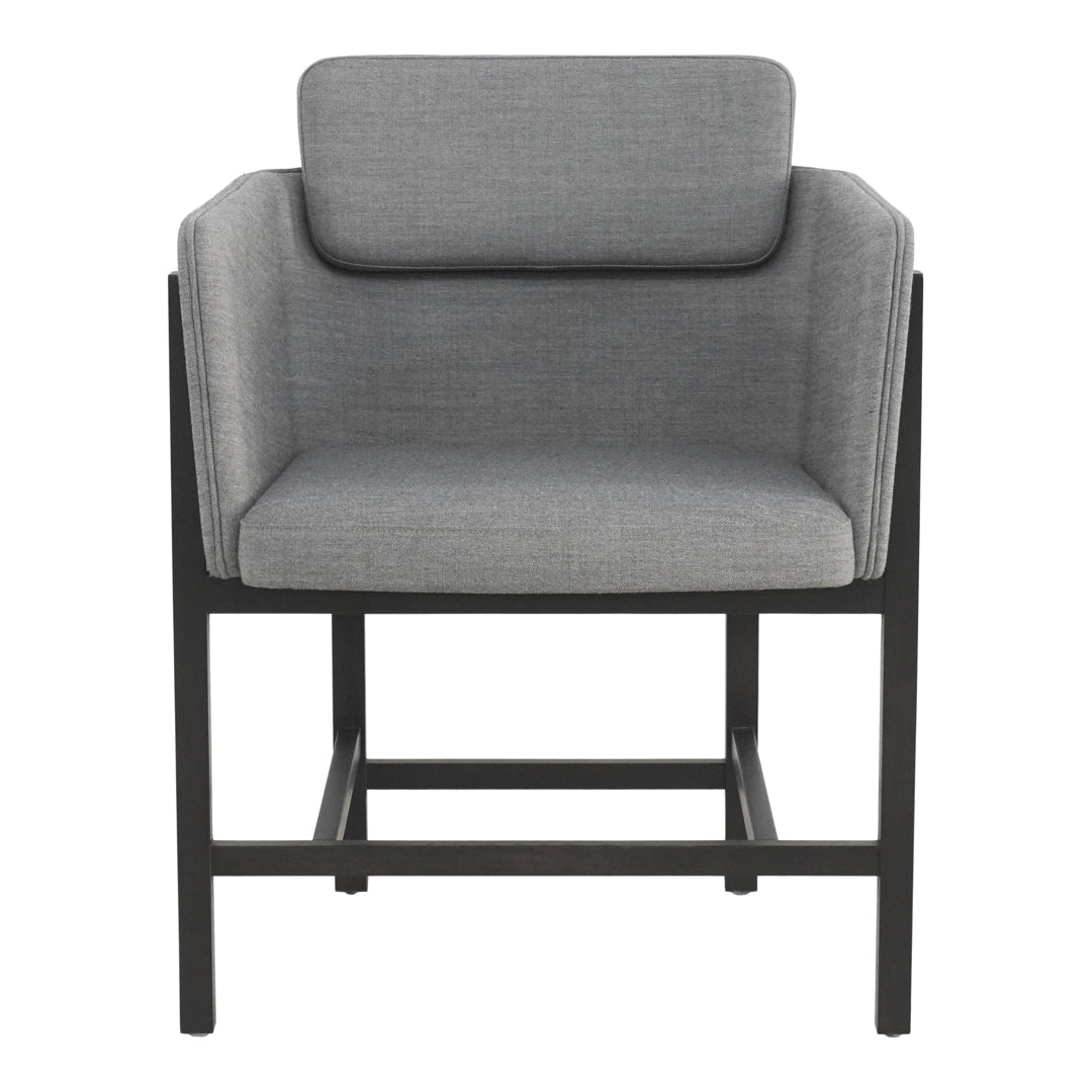 Gray upholstered chair with a sleek black metal frame and minimalist design. Perfect for modern decor.