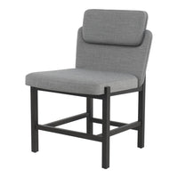 Gray upholstered chair with a minimalist design and black metal frame. Perfect for modern interiors.