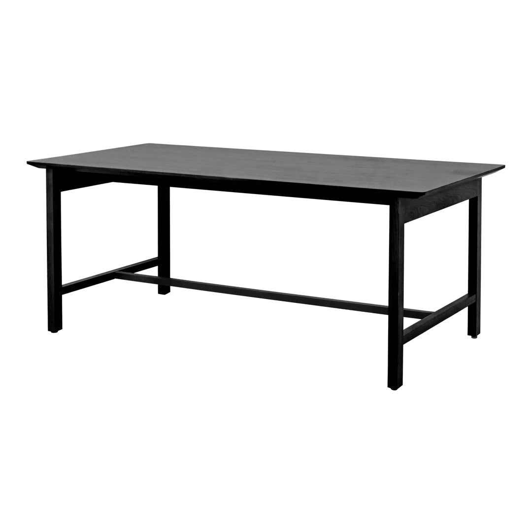 Black wooden dining table with a sleek, minimalist design and sturdy rectangular frame.