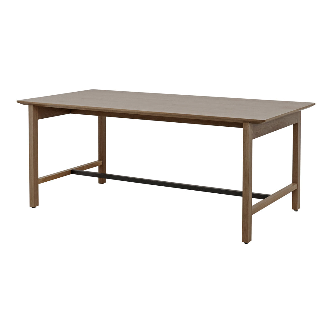 Solid wood dining table in a warm brown finish with a simple, modern design and a black metal support bar.
