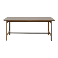 "Simple rectangular wooden table in warm brown with a sleek, minimalist design and black metal support."