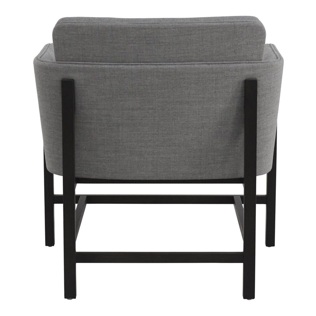 Gray upholstered chair with a minimalist design and black metal frame. Clean lines and modern styling.