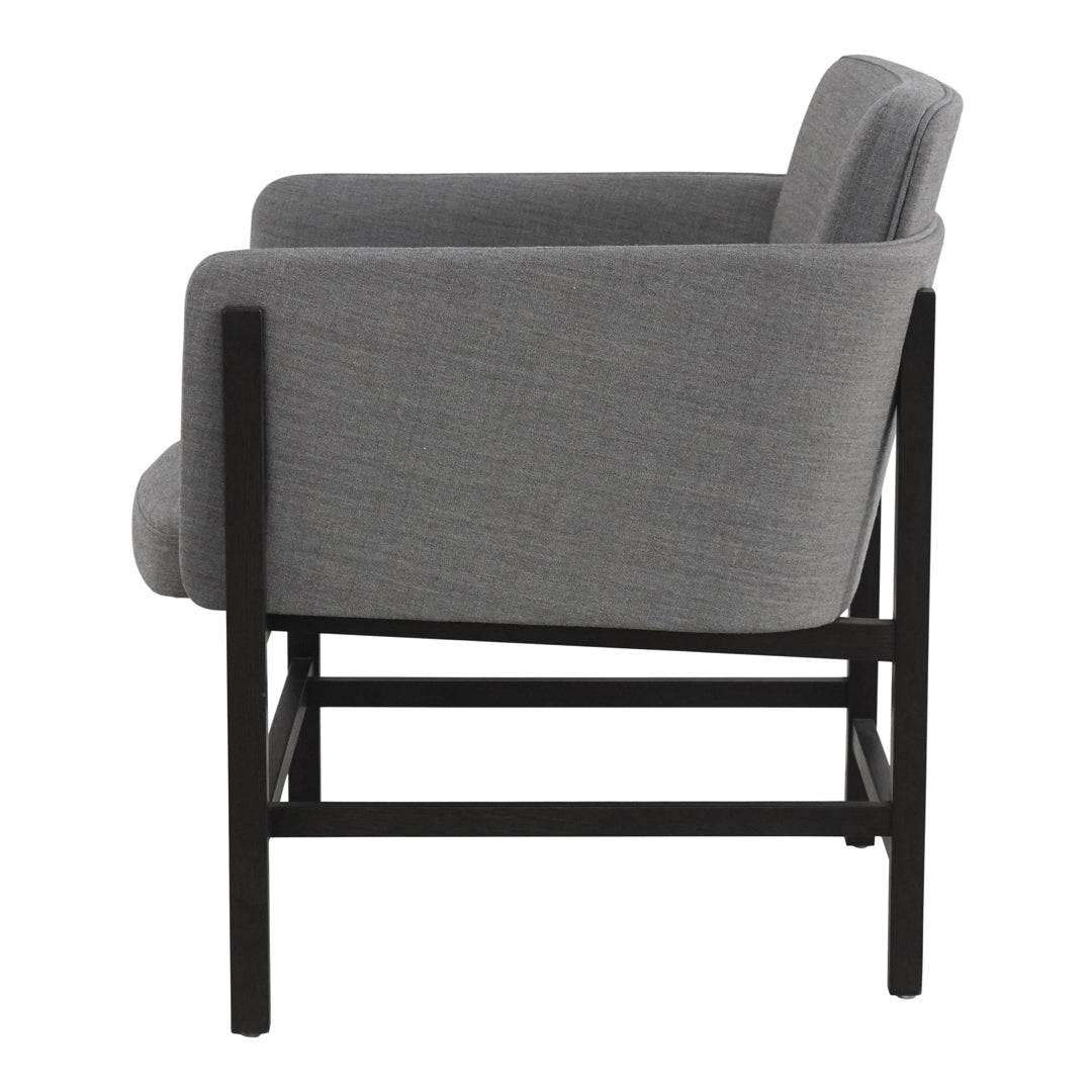 Gray upholstered chair with a solid black frame, featuring a sleek, minimalist design. Ideal for modern decor.