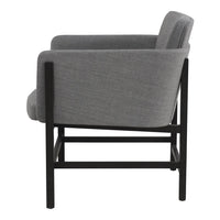 Gray upholstered chair with a solid black frame, featuring a sleek, minimalist design. Ideal for modern decor.