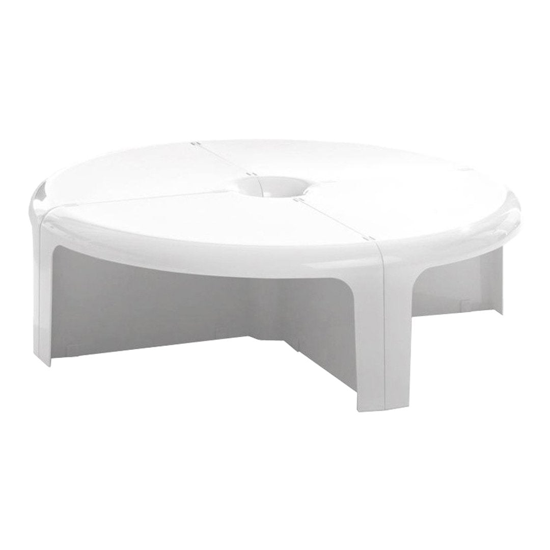 Round white table with a smooth surface and modern design, perfect for outdoor or indoor use.