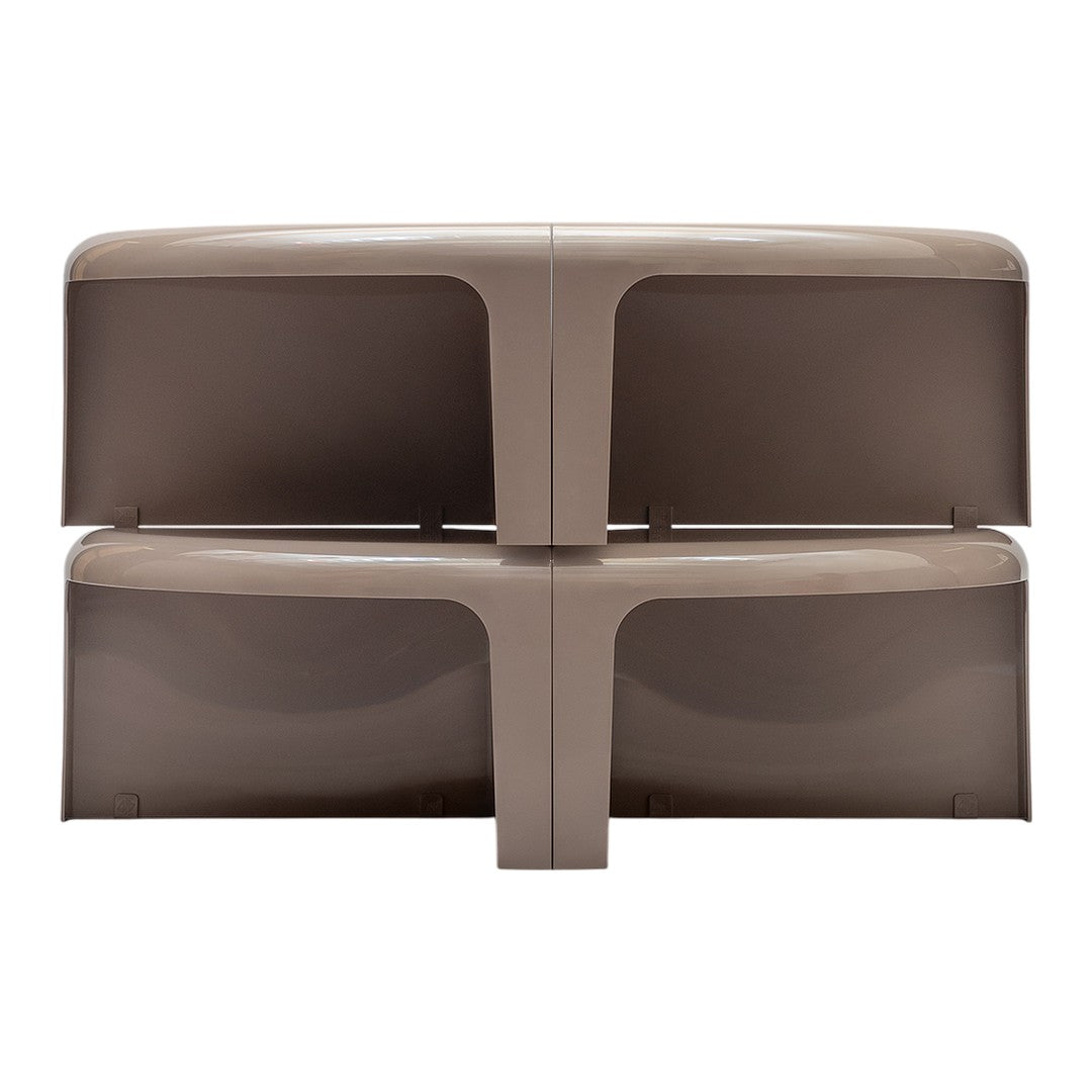 Two-tier storage unit in a sleek, glossy beige finish with a smooth surface and clean lines. Perfect for modern decor.