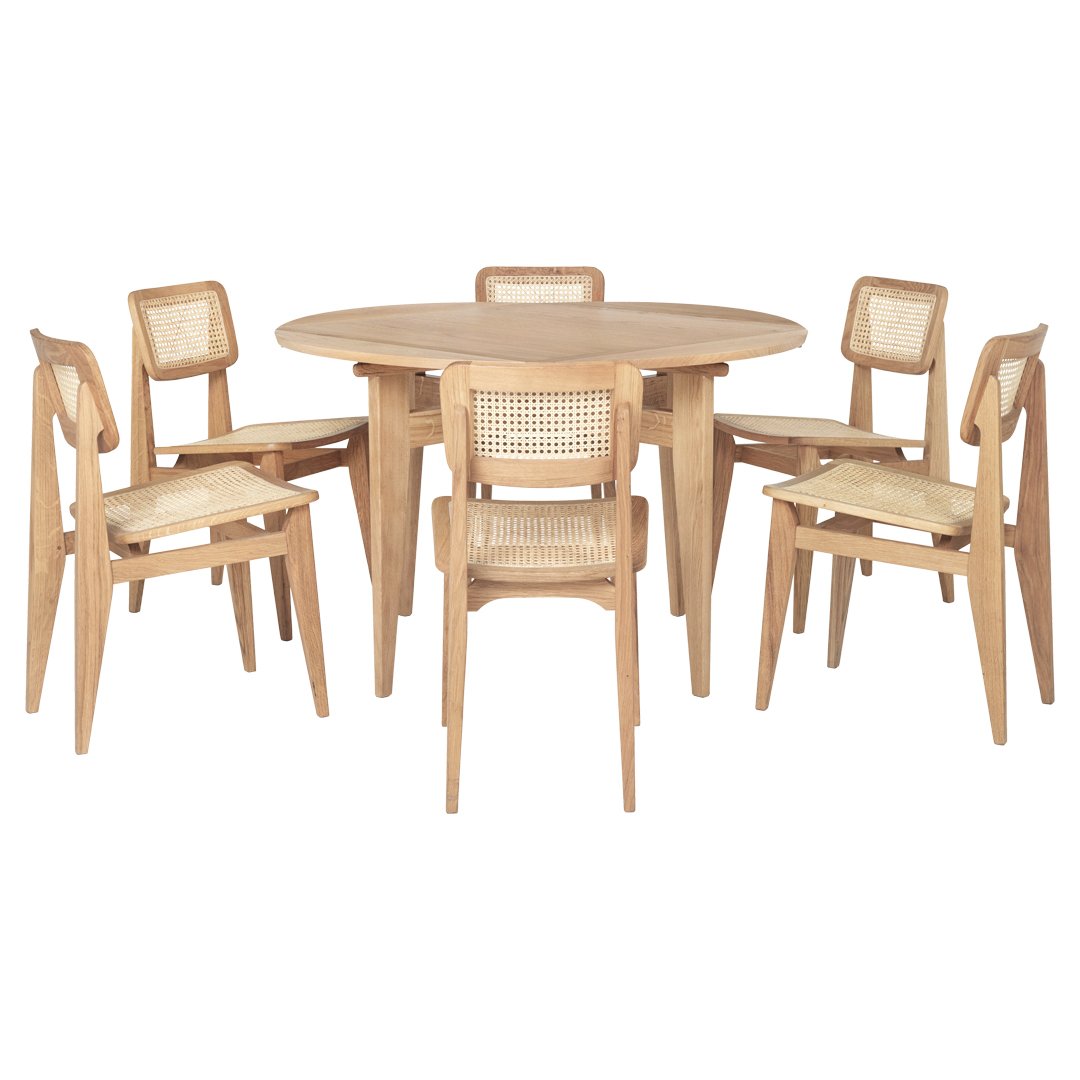 Light wood round dining table with matching cane-backed chairs, featuring natural tones and minimalistic design.