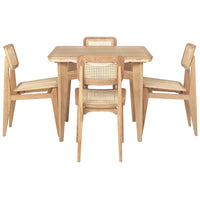 Light wood dining table and chairs with a natural finish and woven seats, showcasing a minimalist design.