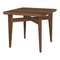 Square wooden table in rich brown, featuring a smooth finish and minimalist design with clean lines.