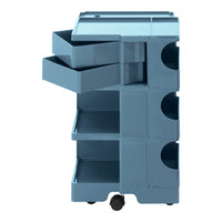 Blue storage cart with multiple drawers and circular cut-out handles, featuring a sleek, modern design.