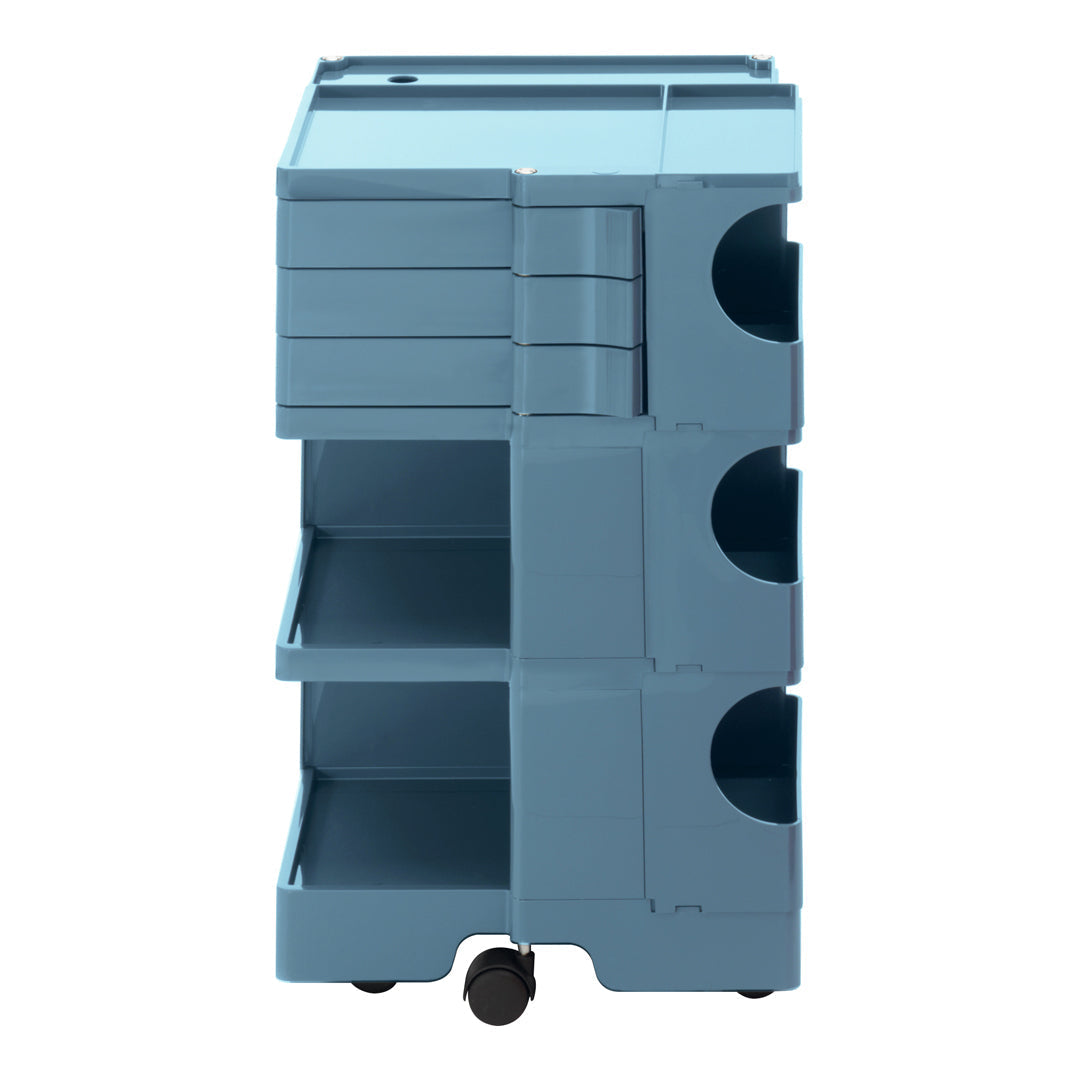 Blue storage cart with smooth finish and multiple open compartments, featuring a modern, minimalist design.