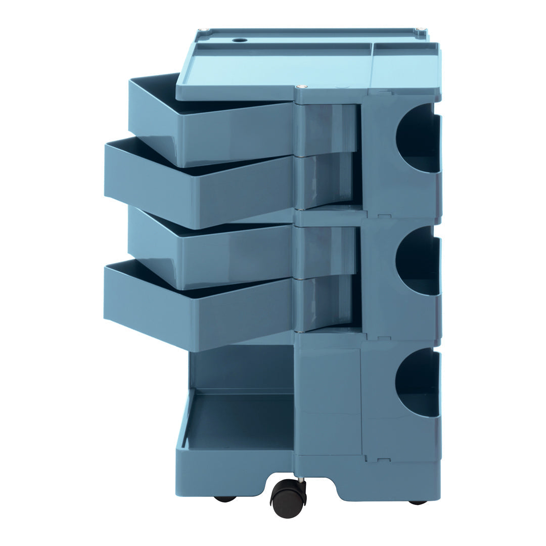 Light blue storage cart with four open drawers and circular cutouts for easy access. Modern minimalist design.