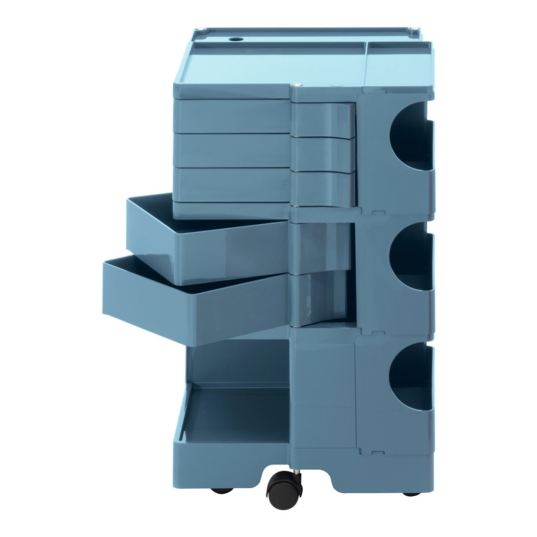 Blue multi-drawer storage cart with a sleek design and textured patterns, perfect for organizing any space.