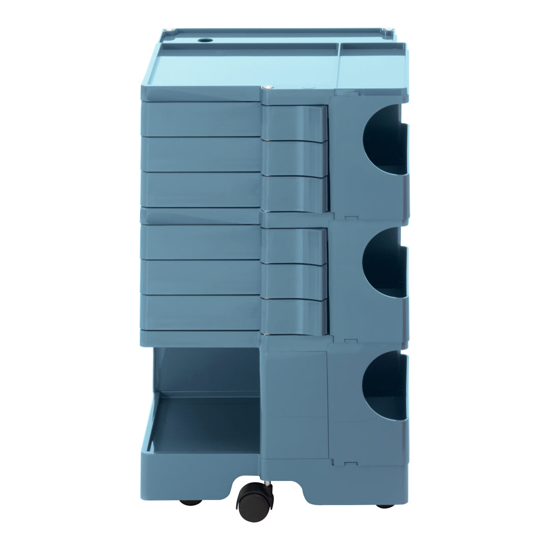 Light blue, stackable storage cart featuring smooth surfaces and circular cutouts on the sides. Ideal for organization.