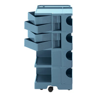 Light blue storage cart with multiple drawers and open compartments, featuring a smooth, glossy finish.