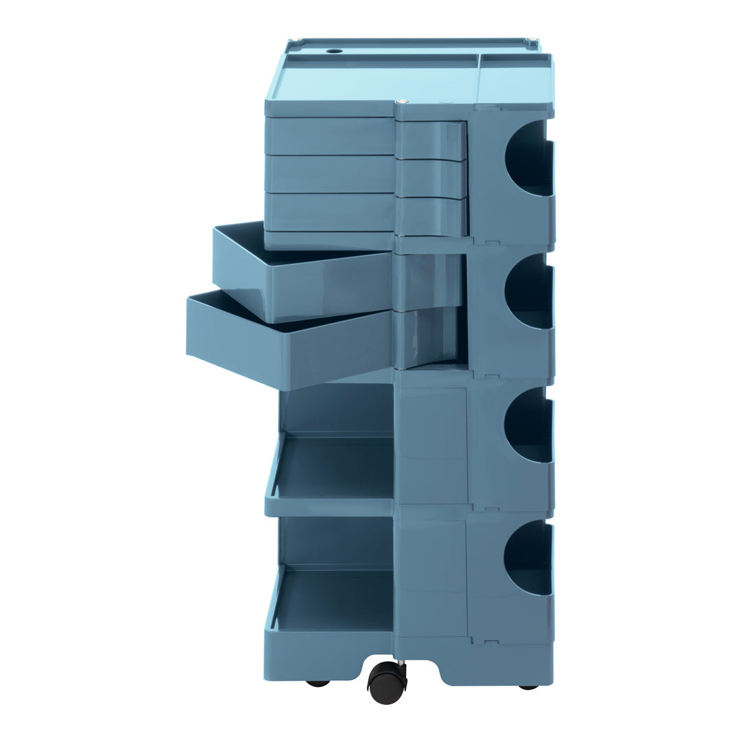 Blue storage cart with a sleek design, featuring multiple drawers and a smooth finish for organization.