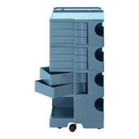 Light blue storage organizer with multiple drawers and open compartments, featuring a sleek, modern design.