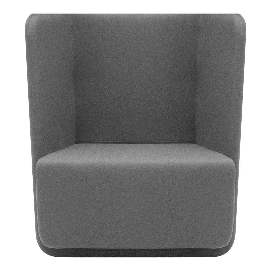 "Modern gray upholstered armchair with clean lines and a minimalist design."