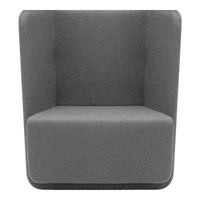 "Modern gray upholstered armchair with clean lines and a minimalist design."