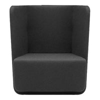 "Minimalist black upholstered armchair with a solid pattern, perfect for modern decor."