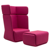 Fuchsia pink upholstered chair and ottoman set with a sleek, modern design. Perfect for colorful living spaces.