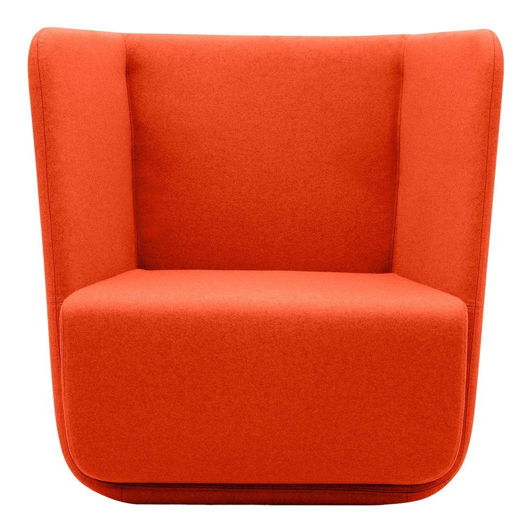 Vibrant orange upholstered armchair with a smooth, modern design and no visible patterns.